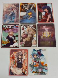 【希少】東方Project ホワイトキャンバス 東方茶霊祀 Tea party of ghost スペシャルスペルカード 8枚セット 博麗霊夢 霧雨魔理沙 西行寺幽々子 魂魄妖夢 八雲紫 十六夜咲夜 チルノ 八雲藍 トレカ 2005年 当時物 サムネイル 1