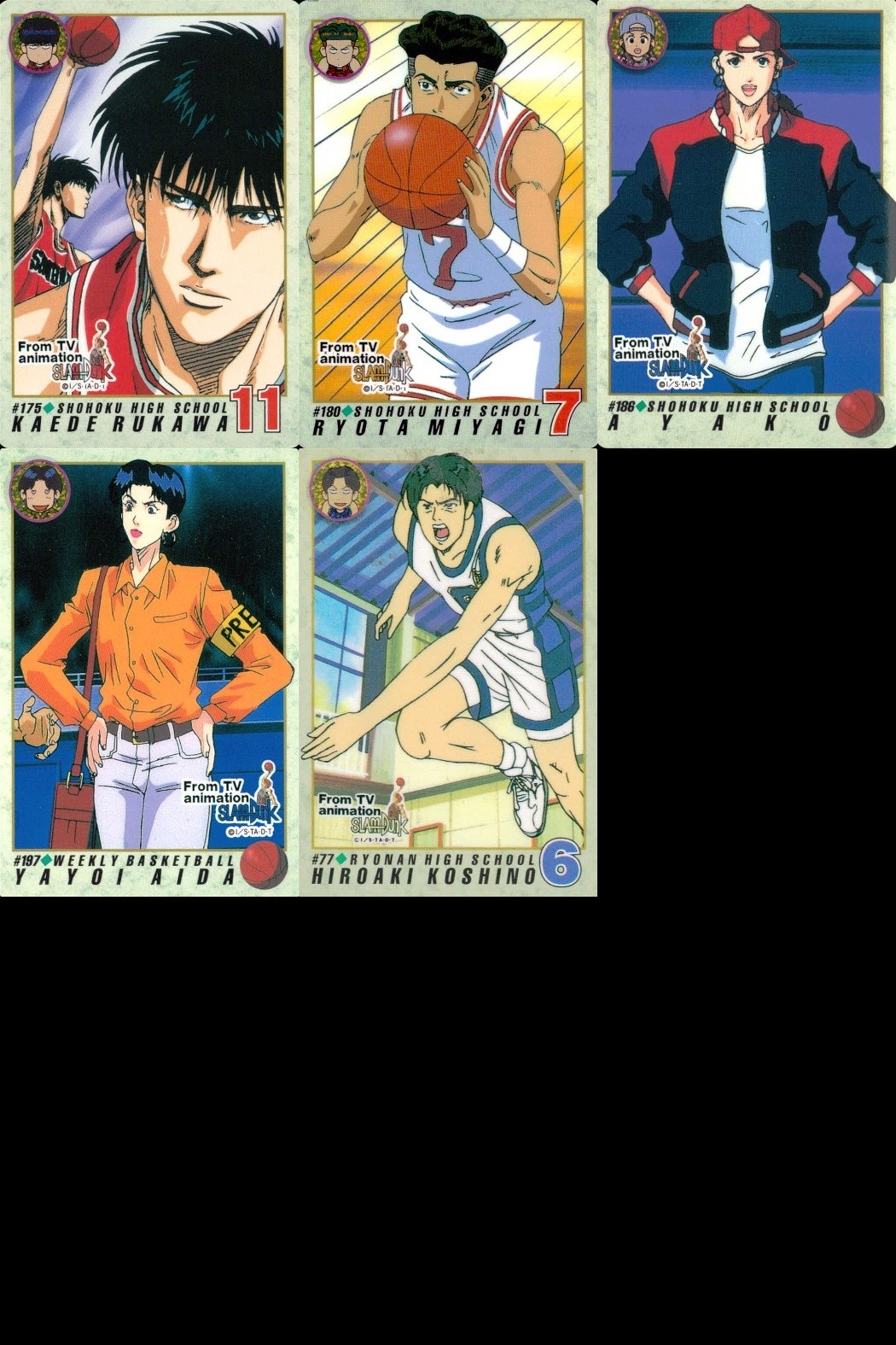 スラムダンク SLAM DUNK カード まとめ キャラクター 流川楓 宮城リョータ 彩子 相田弥生 越野宏明 5枚 #175 #180 #186 #197 #77 バンダイ 食玩カードダス