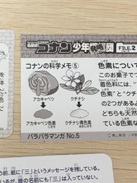 名探偵コナン 名探偵コナン シール カード 灰原哀 カード まとめ キャラクター パラパラマンガ 科学 クイズ 江戸川コナン パラパラマンガ No.5 少年発明団 ふくらむお菓子の秘密を暴く! 少年発明団 色素について 推理クイズ サムネイル 6