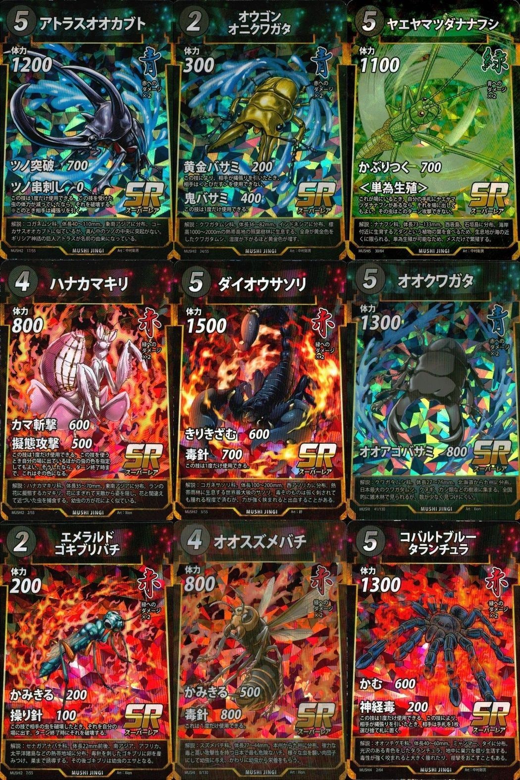 カード 蟲神器 まとめ SR アトラスオオカブト オウゴン
オニクワガタ ヤエヤマツダナナフシ ハナカマキリ ダイオウサソリ オオクワガタ エメラルド
ゴキブリバチ オオスズメバチ コバルトブルー
タランチュラ