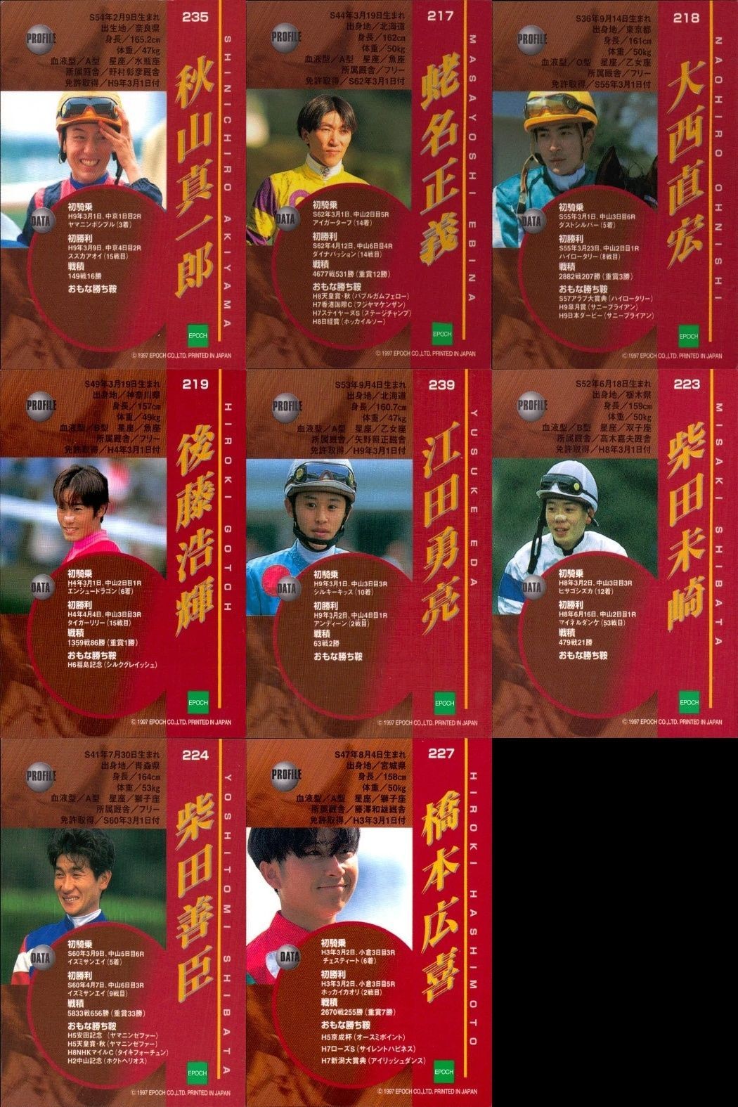 カード 競馬 秋山真一郎
蛯名正義
大西直宏
後藤浩輝
江田勇亮
柴田未崎
柴田善臣
橋本広喜 ジョッキー